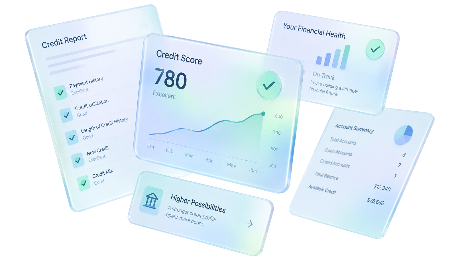 Illustrative credit report and account summary cards